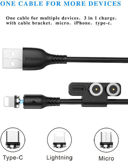 Foneng X62 Magnetic Cablu USB la Lightning / Type-C / micro USB cu mai multe porturi 2.1A Negru 1m