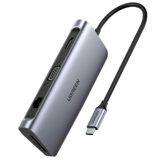 Ugreen CM179 USB-C Докинг станция с HDMI 4K PD Ethernet и свързване 2 монитора Сив