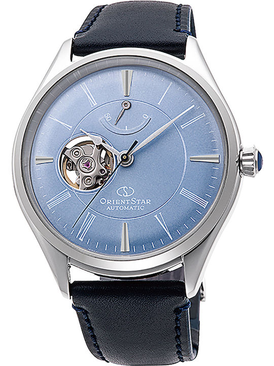 Orient Star Ανδρικό Ρολόι 41mm Χρονογράφος Μπαταρίας με Μπλε Δερμάτινο Λουράκι