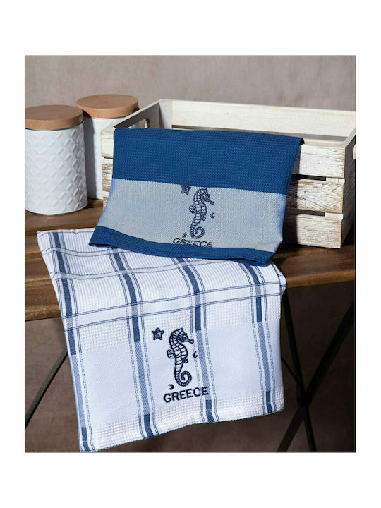 Silk Fashion Ιππόκαμπος GREECE Ποτηρόπανο από 100% Βαμβάκι σε Μπλε Χρώμα 50x70cm 2τμχ