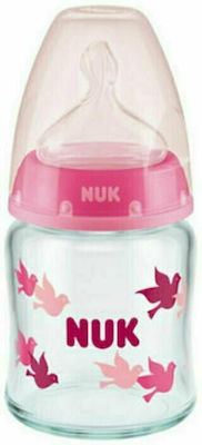 Nuk Glasflasche First Choice Plus Temperature Control Gegen Koliken mit Silikonsauger für 0-6 Monate Pink Vögel 120ml 1Stück 10.747.117