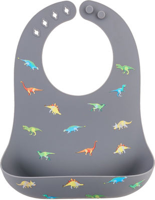 Stephen Joseph Dino Waterproof Bib Silicone with Button & Pocket Gray