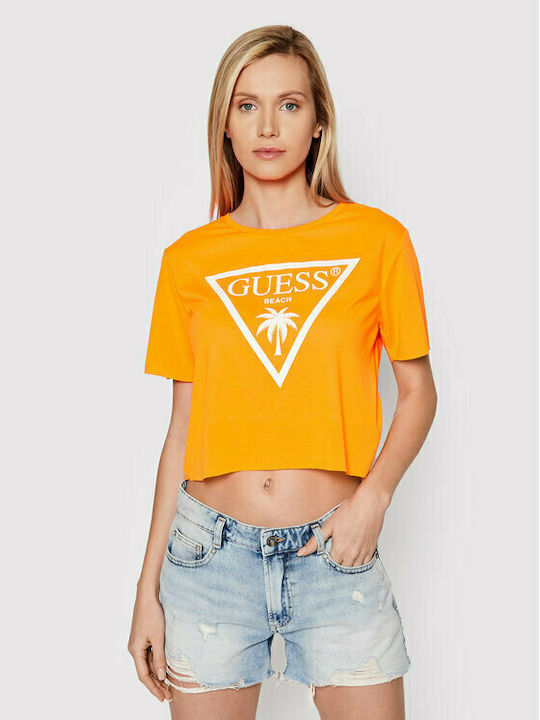 Guess Women's Summer Crop Top Short-sleeved Orange
