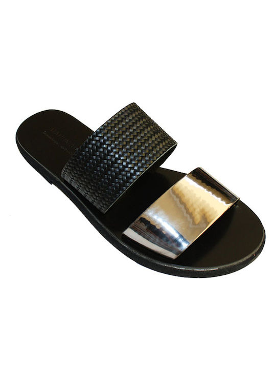 Women's leather sandals in black nickel color