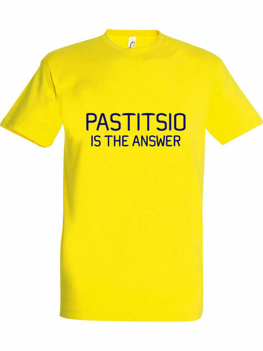 Tricou unisex " PASTITSIO IS THE ANSWER, PASTITSIO IS THE SOLUTION TO PROBLEMS ", Lemon