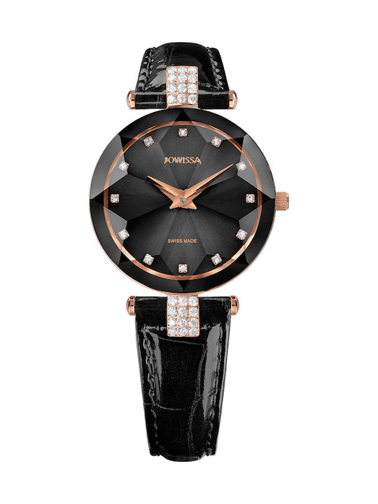 Jowissa Facet Strass Watch with Black Leather Strap