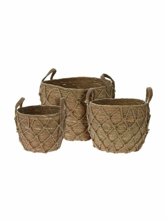 JK Home Decoration Σετ Διακοσμητικά Καλάθια Ψάθινα με Χερούλια Καφέ 3τμχ