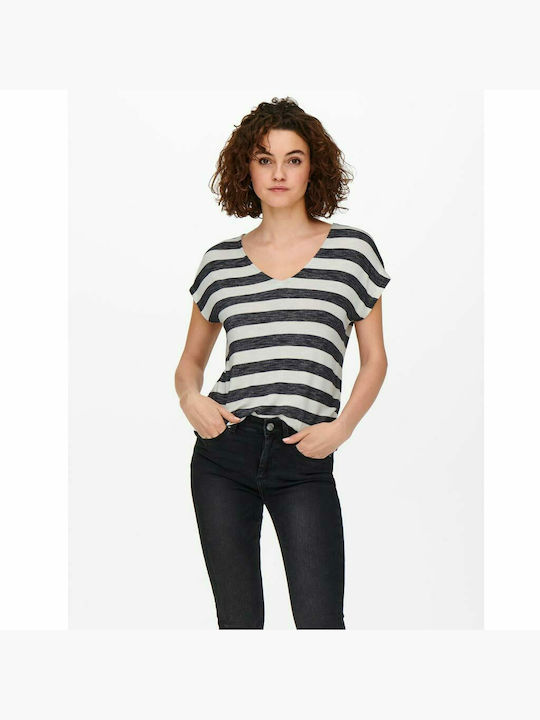 Only Women's T-shirt with V Neckline Striped Navy Blue