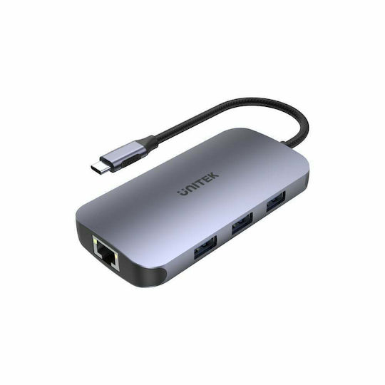 Unitek N9+ USB-C Stație de andocare cu HDMI 4K PD Ethernet și conexiune 2 monitoare Argintiu