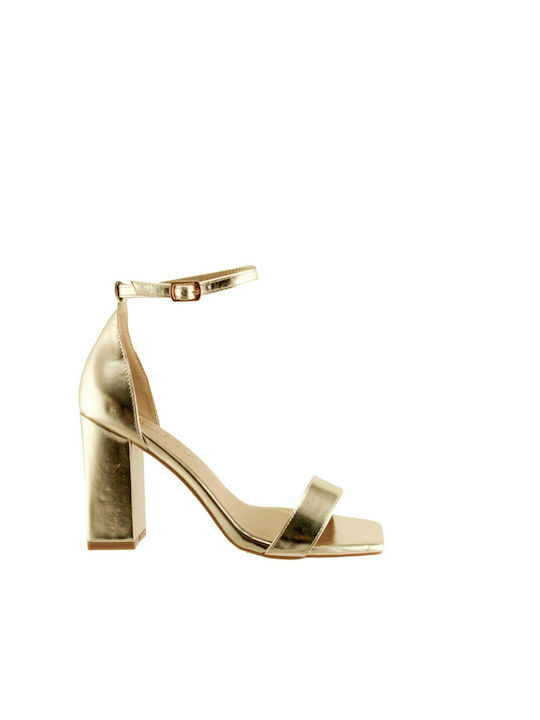 Envie Shoes Leather Women's Sandals with Ankle Strap Gold with Chunky High Heel