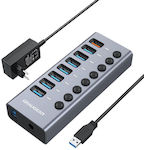 Graugear USB 3.0 Hub 8 Θυρών με σύνδεση USB-C & Θύρα Φόρτισης και Εξωτερική Παροχή Ρεύματος Γκρι