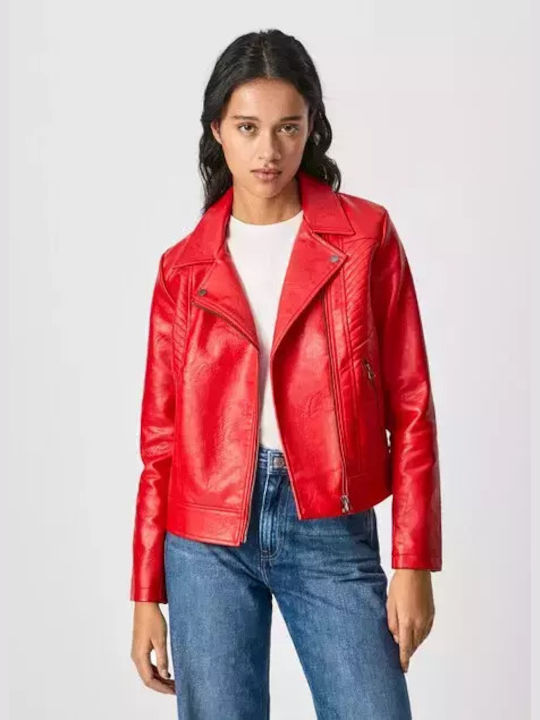 Pepe Jeans Fania Δερμάτινο Γυναικείο Biker Jacket Κόκκινο