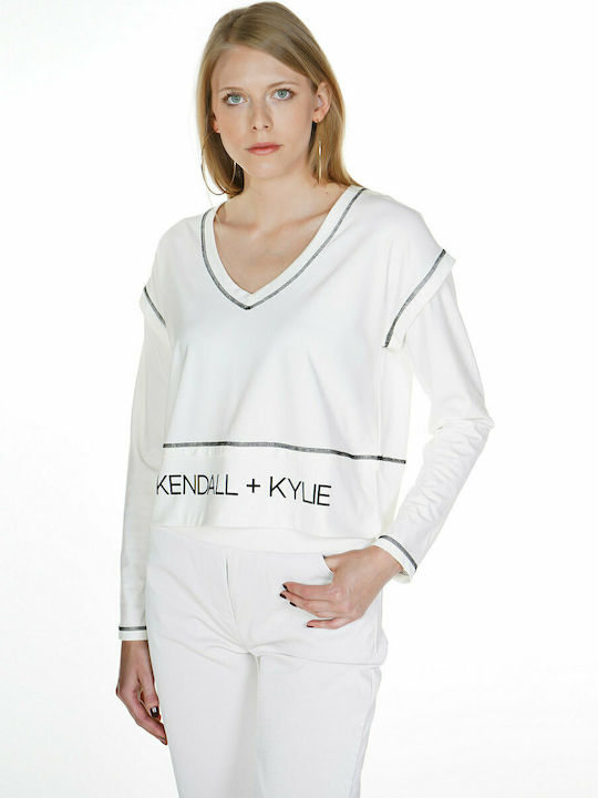 Kendall + Kylie Women's Crop Top Long Sleeve with V Neck White