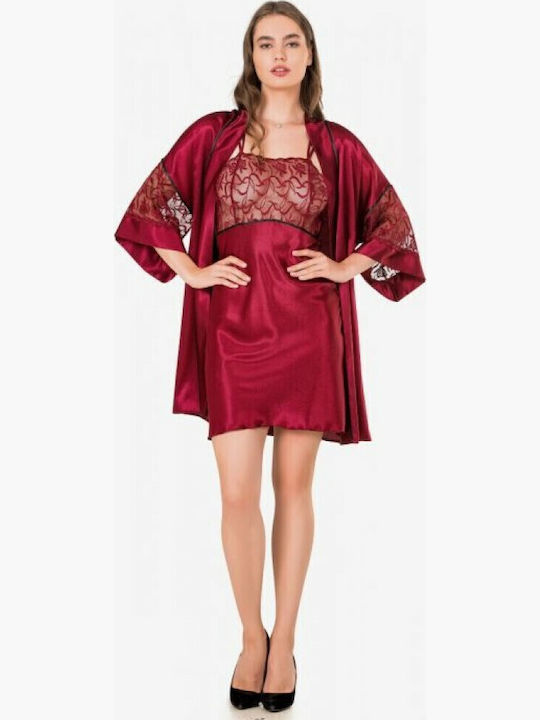 Moongirl Winter Damen Satin,σατεν Robe mit Nachthemd Burgundisch