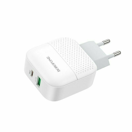 Borofone Charger Without Cable with USB-A Port and USB-C Port 18W Power Delivery / Quick Charge 3.0 Whites (BA46A)