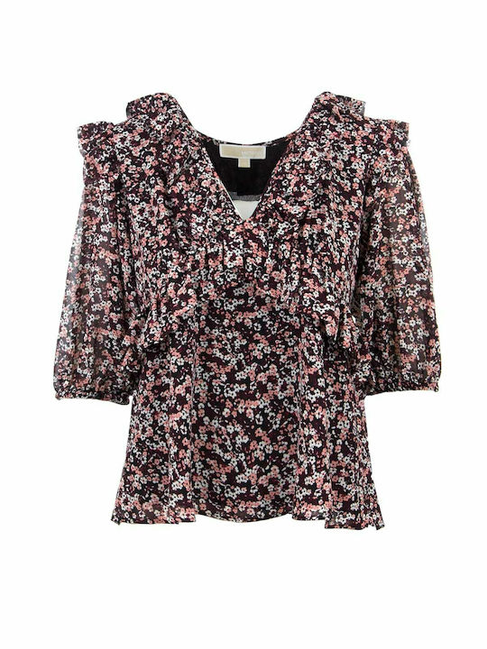 Women's Blouse with 3/4 Sleeve & V Neckline Floral Burgundy