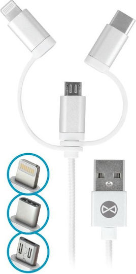 Forever Regular Cablu USB la Lightning / Type-C / micro USB cu mai multe porturi Alb 1m (3IN1)