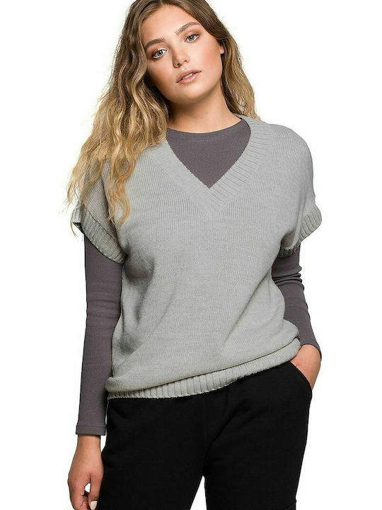 BE Knit Women's Sweater with V Neckline Gray