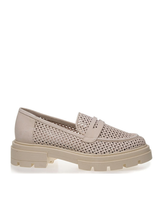 Δερμάτινα Γυναικεία Loafers σε Μπεζ Χρώμα