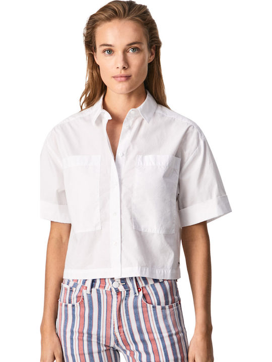 Κοντομάνικο Γυναικείο Πουκάμισο Λευκό Μονόχρωμο