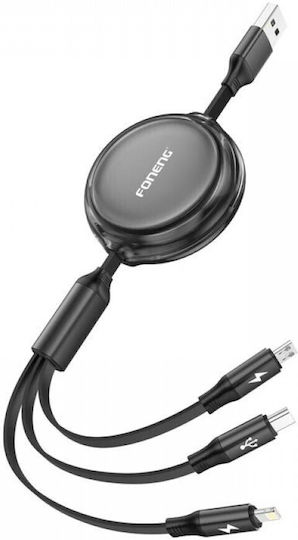 Foneng 3-in-1 Retractable Cable X113 Μετατροπέας USB-A male σε Lightning / USB-C / micro USB female 1τμχ