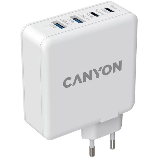 Canyon Зарядно Устройство Без Кабел GaN С 2 USB-A Изходни Порта И 2 USB-C Изходни Порта 100W Power Delivery / Quick Charge 3.0 Бял (H-100 CND-CHA100W01)