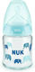 Nuk Glasflasche First Choice Plus Temperature Control Gegen Koliken mit Silikonsauger für 0-6 Monate Ciell Elefanten 120ml 1Stück 10.747.117