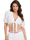 Women's Summer Crop Top Cotton with 3/4 Sleeve & V Neckline White