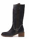 Leather Medium Heel Women's Boots Navy Blue