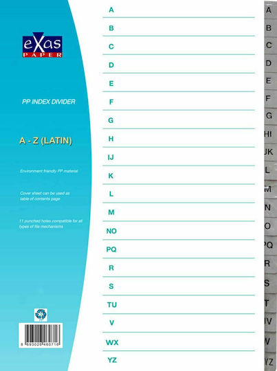 Exas Paper Пластмасови Разделители за Документи A4 20бр А-Я Сиво