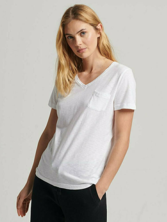 Superdry Studios Pocket Damen Sport T-Shirt mit V-Ausschnitt Weiß