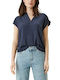 S.Oliver Women's Summer Blouse Short Sleeve with V Neckline Navy Blue
