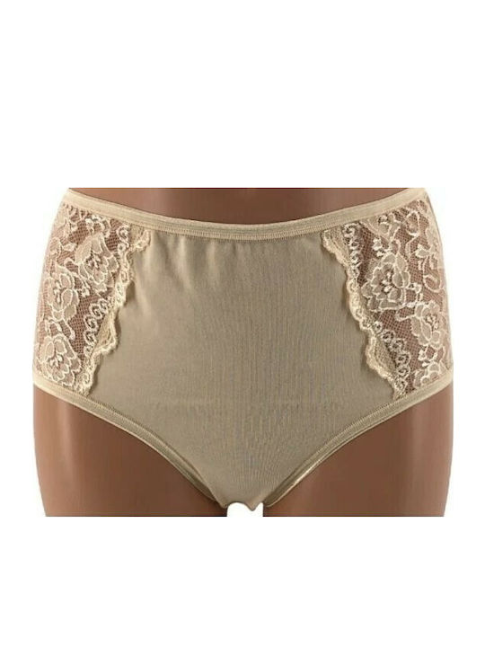Βαμβακερά High Waist Women's Slip 2Pack with Lace Beige