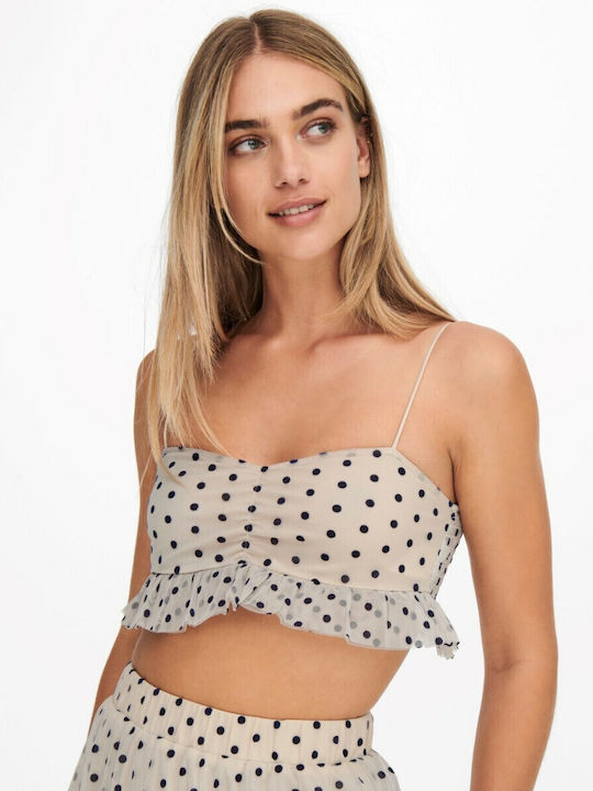 Ponera Women's Summer Crop Top with Straps Polka Dot Ecru