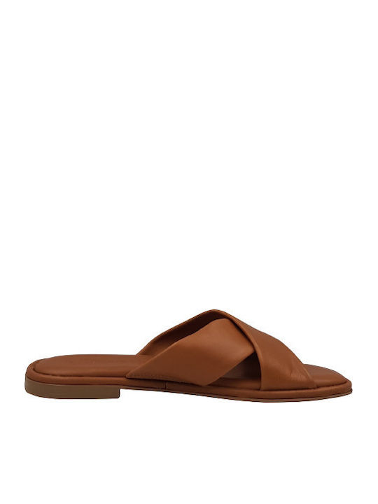 Leather Women's Flat Sandals in Tabac Brown Color