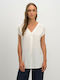 Vamp Women's Summer Blouse Linen Short Sleeve with V Neckline Cream