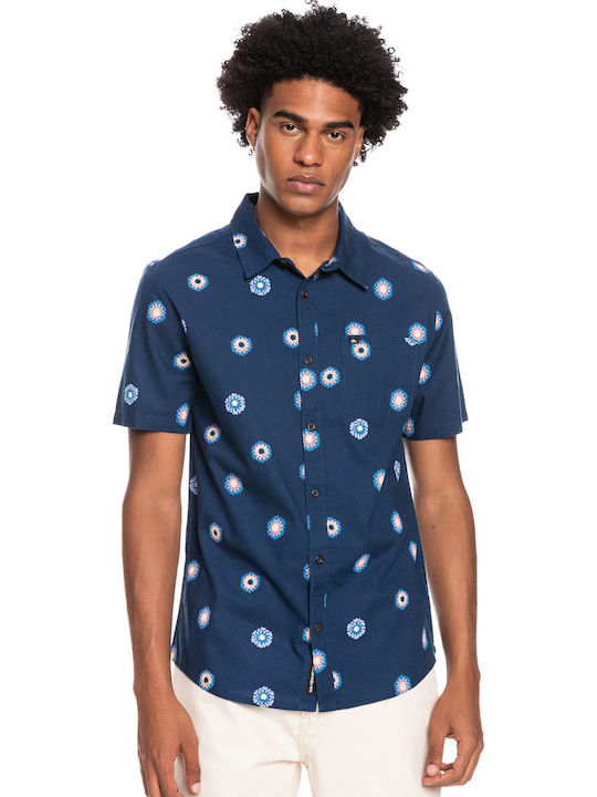 Cosmos Short Sleeve Cotton Shirt in Regular Fit Floral Navy Blue EQYWT04280 BSN6