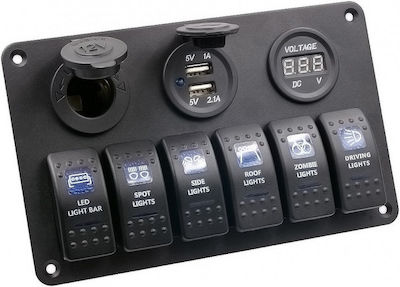 Boat Switch with Panels Panel with 6 Switches, Lighter, Double USB & Voltmeter