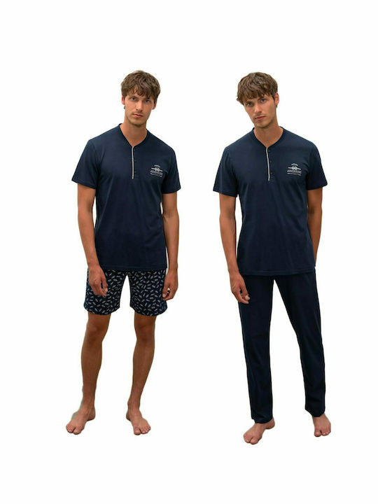 Vamp Men's Summer Cotton Pajamas Set Navy Blue