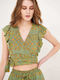 Women's Summer Crop Top Sleeveless with V Neckline Floral Warm Olive