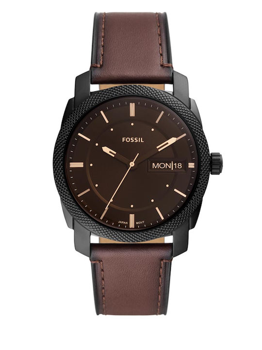 Fossil Machine Herrenuhr 42mm Batterie mit Braun Lederarmband
