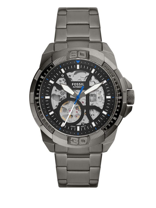 Fossil Bronson Ανδρικό Ρολόι 44mm Αυτόματο με Γκρι Μεταλλικό Μπρασελέ