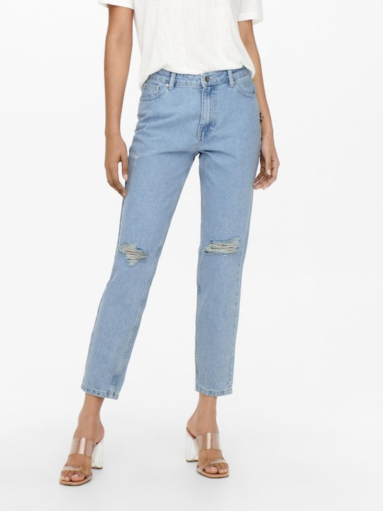 Only Ψηλόμεσο Mom Fit Γυναικείο Jean Παντελόνι με Σκισίματα Light Blue Denim