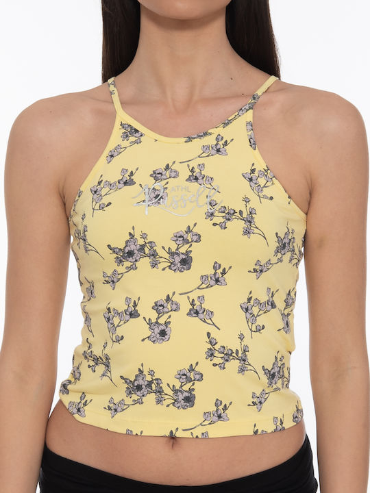 Russell Athletic pentru Femei de Vară Crop Top din Bumbac fără Mâneci Floral Galben