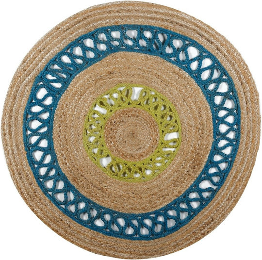 Kentia Yute Rug Round Summer from Jute 226 Natural / Petrol / Lime