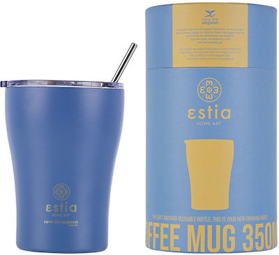 Estia Coffee Mug Save The Aegean Glass Thermos Stainless Steel BPA Free Denim Blue 350ml with Straw