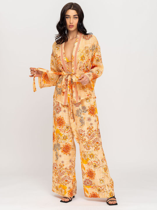 Abita Women's High-waisted Fabric Trousers with Elastic Straight Line Floral Orange