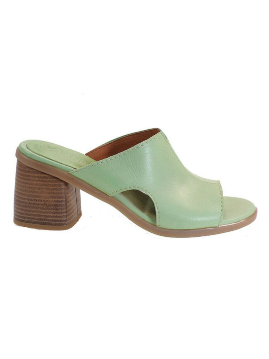 Katia Shoes Δερμάτινα Mules με Χοντρό Χαμηλό Τακούνι σε Πράσινο Χρώμα