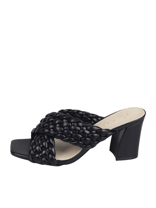 Margaux Leather Mules with Chunky High Heel in Black Color