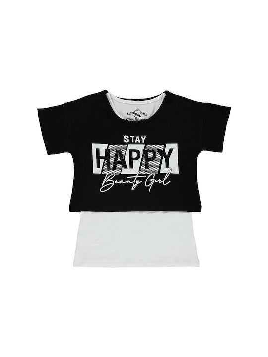 Kids' set of 'STAY HAPPY' black-white t-shirts for girls (10-14 years old)